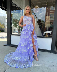 Lavender Ruffle Prom Dresses Skirt with Slit One Shoulder Formal Dresses FD3637C