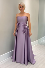 Dusty Blue Satin Mother of the Bride Dress Strapless with Flowers