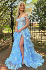 Lavender Sparkly Sequin Lace Prom Dresses with Slit, Tiered Ruffle Gowns with Straps FD3636