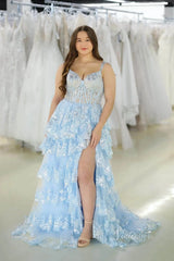 Lavender Sparkly Sequin Lace Prom Dresses with Slit, Tiered Ruffle Gowns with Straps FD3636