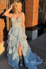 Lavender Sparkly Sequin Lace Prom Dresses with Slit, Tiered Ruffle Gowns with Straps FD3636