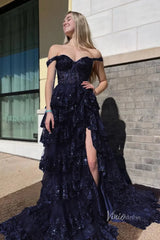 Lavender Sparkly Sequin Lace Prom Dresses with Slit, Tiered Ruffle Gowns with Straps FD3636