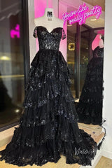 Lavender Sparkly Sequin Lace Prom Dresses with Slit, Tiered Ruffle Gowns with Straps FD3636