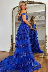 Lavender Sparkly Sequin Lace Prom Dresses with Slit, Tiered Ruffle Gowns with Straps FD3636