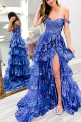 Lavender Sparkly Sequin Lace Prom Dresses with Slit, Tiered Ruffle Gowns with Straps FD3636