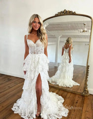 Lavender Sparkly Sequin Lace Prom Dresses with Slit, Tiered Ruffle Gowns with Straps FD3636