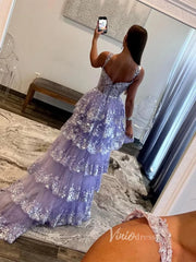 Lavender Sparkly Sequin Lace Prom Dresses with Slit, Tiered Ruffle Gowns with Straps FD3636