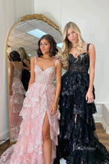 Lavender Sparkly Sequin Lace Prom Dresses with Slit, Tiered Ruffle Gowns with Straps FD3636