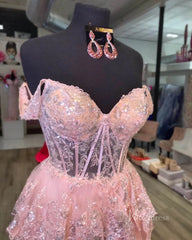 Lavender Sparkly Sequin Lace Prom Dresses with Slit, Tiered Ruffle Gowns with Straps FD3636