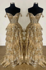 Lavender Sparkly Sequin Lace Prom Dresses with Slit, Tiered Ruffle Gowns with Straps FD3636