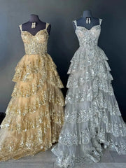 Lavender Sparkly Sequin Lace Prom Dresses with Slit, Tiered Ruffle Gowns with Straps FD3636