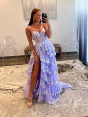 Lavender Sparkly Sequin Lace Prom Dresses with Slit, Tiered Ruffle Gowns with Straps FD3636
