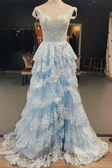 Lavender Sparkly Sequin Lace Prom Dresses with Slit, Tiered Ruffle Gowns with Straps FD3636