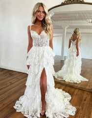 Lavender Sparkly Sequin Lace Prom Dresses with Slit, Tiered Ruffle Gowns with Straps FD3636