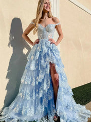 Lavender Sparkly Sequin Lace Prom Dresses with Slit, Tiered Ruffle Gowns with Straps FD3636