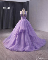 Lavender Sparkly Tiered Tulle Wedding Gown Halter Neck Quinceanera Dress 241111