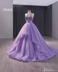 Lavender Sparkly Tiered Tulle Wedding Gown Halter Neck Quinceanera Dress 241111