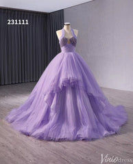 Lavender Sparkly Tiered Tulle Wedding Gown Halter Neck Quinceanera Dress 241111
