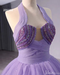 Lavender Sparkly Tiered Tulle Wedding Gown Halter Neck Quinceanera Dress 241111