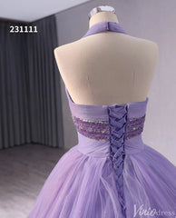 Lavender Sparkly Tiered Tulle Wedding Gown Halter Neck Quinceanera Dress 241111