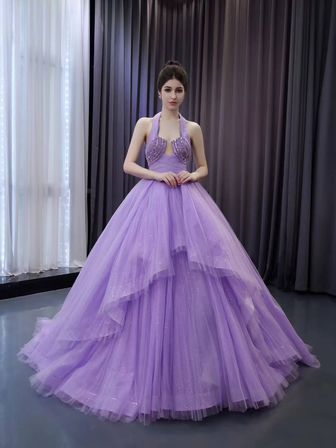 Lavender Sparkly Tiered Tulle Wedding Gown Halter Neck Quinceanera Dress 241111