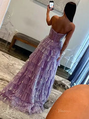 Lavender Sparkly Tulle Prom Dresses 2025 Ruffled Strapless Formal Gown with Slit FD3727