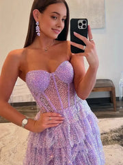 Lavender Sparkly Tulle Prom Dresses 2025 Ruffled Strapless Formal Gown with Slit FD3727