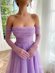 Lavender Starry Tulle Prom Dresses with Sheer Gloves - TO0011