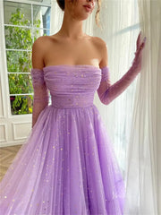 Lavender Starry Tulle Prom Dresses with Sheer Gloves - TO0011