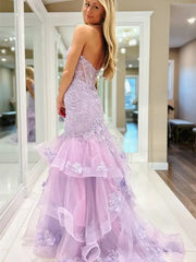 Lavender Strapless Lace Mermaid Prom Dresses with Tiered Bottom & Sweetheart Neck - FD5030