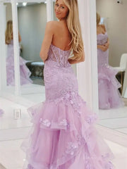 Lavender Strapless Lace Mermaid Prom Dresses with Tiered Bottom & Sweetheart Neck - FD5030