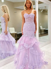 Lavender Strapless Lace Mermaid Prom Dresses with Tiered Bottom & Sweetheart Neck - FD5030