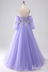 Lavender Sweetheart Removable Sleeve Prom Dresses Lace Applique Formal Gown AD1102