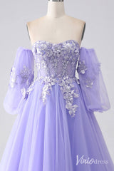 Lavender Sweetheart Removable Sleeve Prom Dresses Lace Applique Formal Gown AD1102