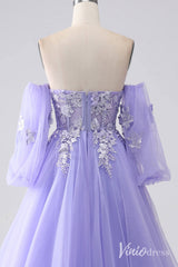 Lavender Sweetheart Removable Sleeve Prom Dresses Lace Applique Formal Gown AD1102