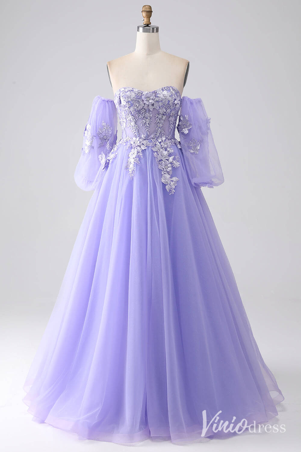 Lavender Sweetheart Removable Sleeve Prom Dresses Lace Applique Formal Gown AD1102