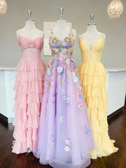 Lavender Tulle Prom Dress 2025 A-Line Floral Formal Gown with 3D Flowers & Pockets- FD3807