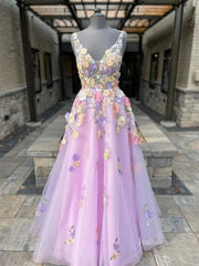 Lavender Tulle Prom Dress 2025 A-Line Floral Formal Gown with 3D Flowers & Pockets- FD3807