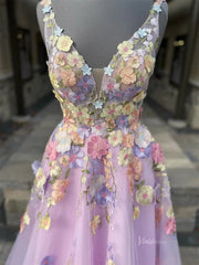 Lavender Tulle Prom Dress 2025 A-Line Floral Formal Gown with 3D Flowers & Pockets- FD3807