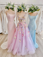 Lavender Tulle Prom Dress 2025 A-Line Floral Formal Gown with 3D Flowers & Pockets- FD3807