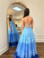 Lavender Tulle Prom Dresses 2025 Ruffled Spaghetti Strap Formal Gown with Slit FD3705