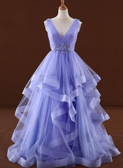 Lavender Tulle V-neckline Layers Long Sweet 16 Dress, Light Purple Prom Dress Party Dress