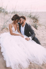 A-line V Neck Lace Layered Tulle Skirt Outdoor Bridal Gown Wedding Dresses