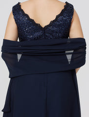 Aimishang A-Line Mother of the Bride Dress Classic & Timeless Plus Size Wrap Included V Neck Knee Length Chiffon Lace Sleeveless yes with Ruched Crystal Brooch