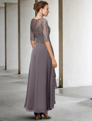A-Line Mother of the Bride Dress Plus Size Elegant High Low V Neck Asymmetrical Ankle Length Chiffon Lace Half Sleeve with Beading Appliques
