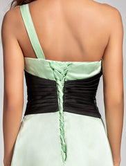 A-Line One Shoulder Floor Length Satin Bridesmaid Dress with Crystal Brooch