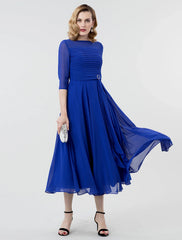 A-Line Elegant Formal Evening Wedding Party Dress Boat Neck 3/4 Length Sleeve Tea Length Georgette with Ruched Crystal Brooch 2024 / Illusion Sleeve
