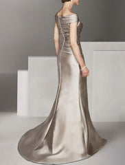 A-Line Mother of the Bride Dress Formal Wedding Guest Elegant Scoop Neck Off Shoulder Floor Length Ankle Length Italy Satin Cap Sleeve with Ruching