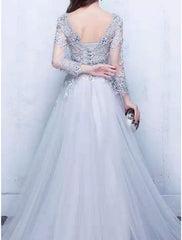 A-Line Evening Gown Party Dress Luxurious Dress Wedding Guest Engagement Chapel Train Half Sleeve Illusion Neck Tulle with Beading Appliques