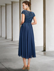 Aimishang A-Line Mother of the Bride Dress Luxurious Elegant Jewel Neck Tea Length Chiffon Lace Cap Sleeve with Pleats Appliques